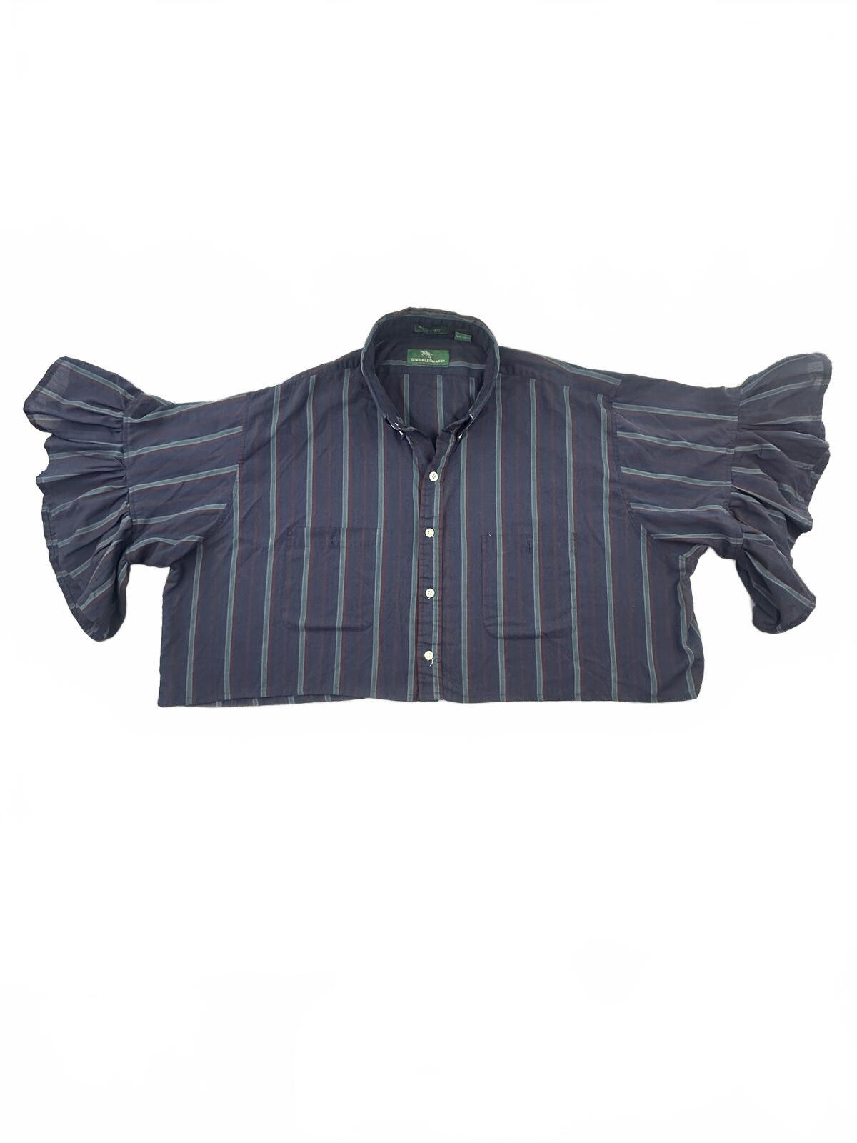 Steeplechase Navy Striped Cropped Puff Sleeve Button Up Shirt
