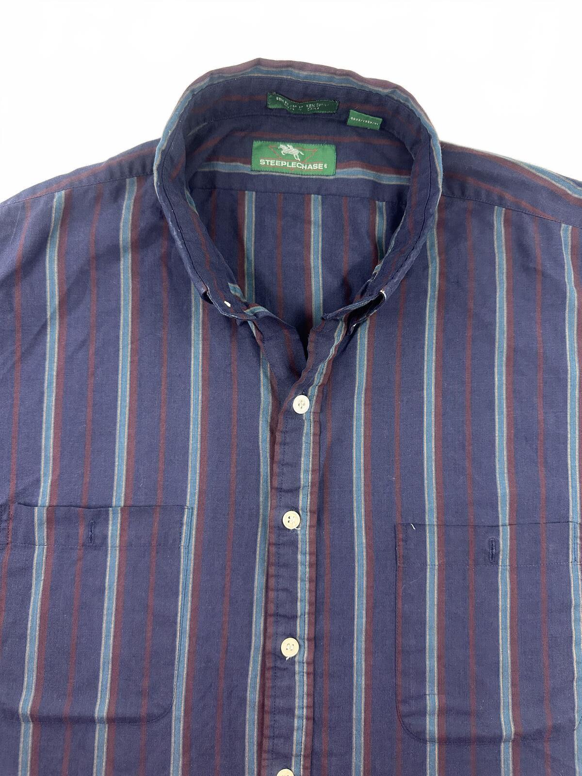 Steeplechase Navy Striped Cropped Puff Sleeve Button Up Shirt