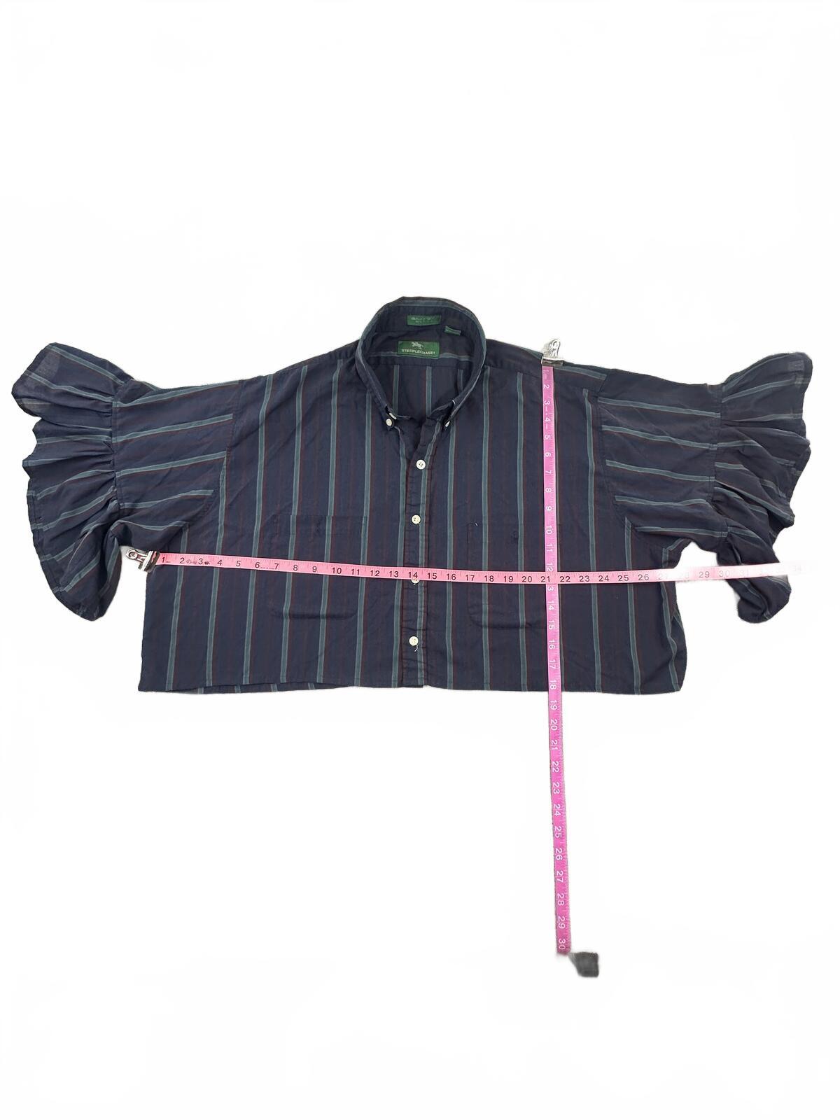 Steeplechase Navy Striped Cropped Puff Sleeve Button Up Shirt