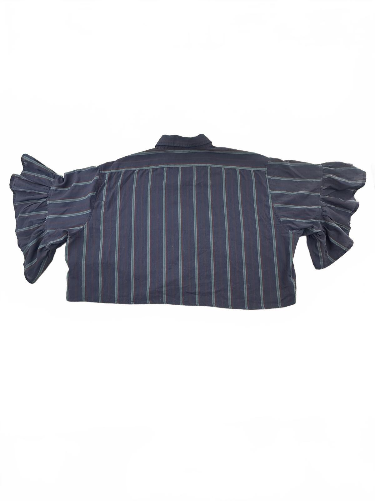 Steeplechase Navy Striped Cropped Puff Sleeve Button Up Shirt