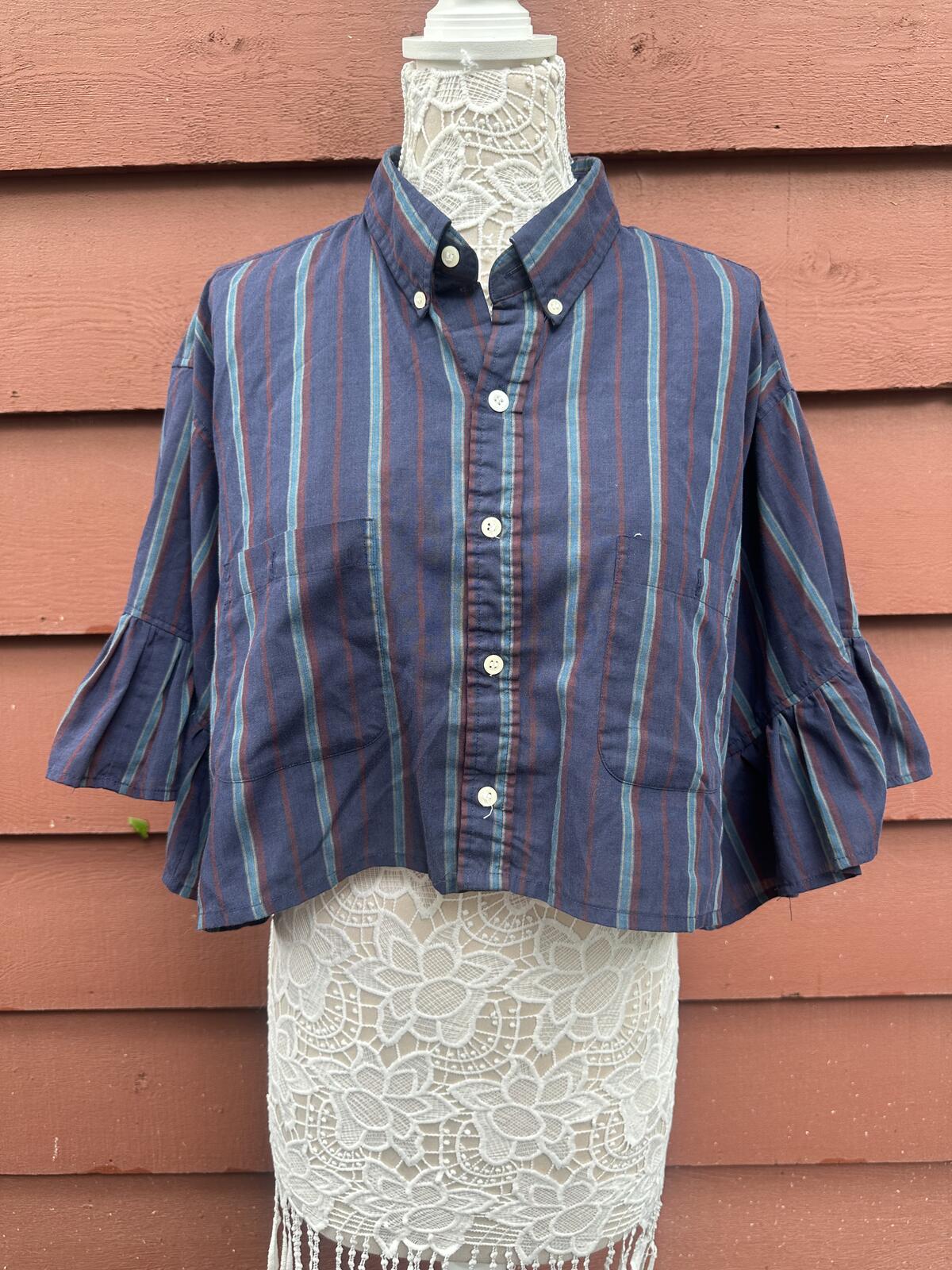 Steeplechase Navy Striped Cropped Puff Sleeve Button Up Shirt