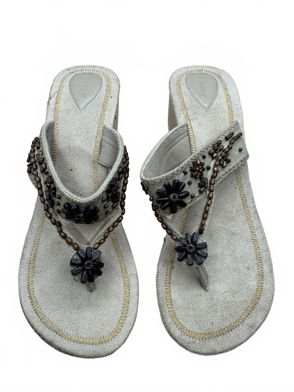 Apt. 9 Beige Beaded Floral Wedge Sandals Bohemian Summer Casual