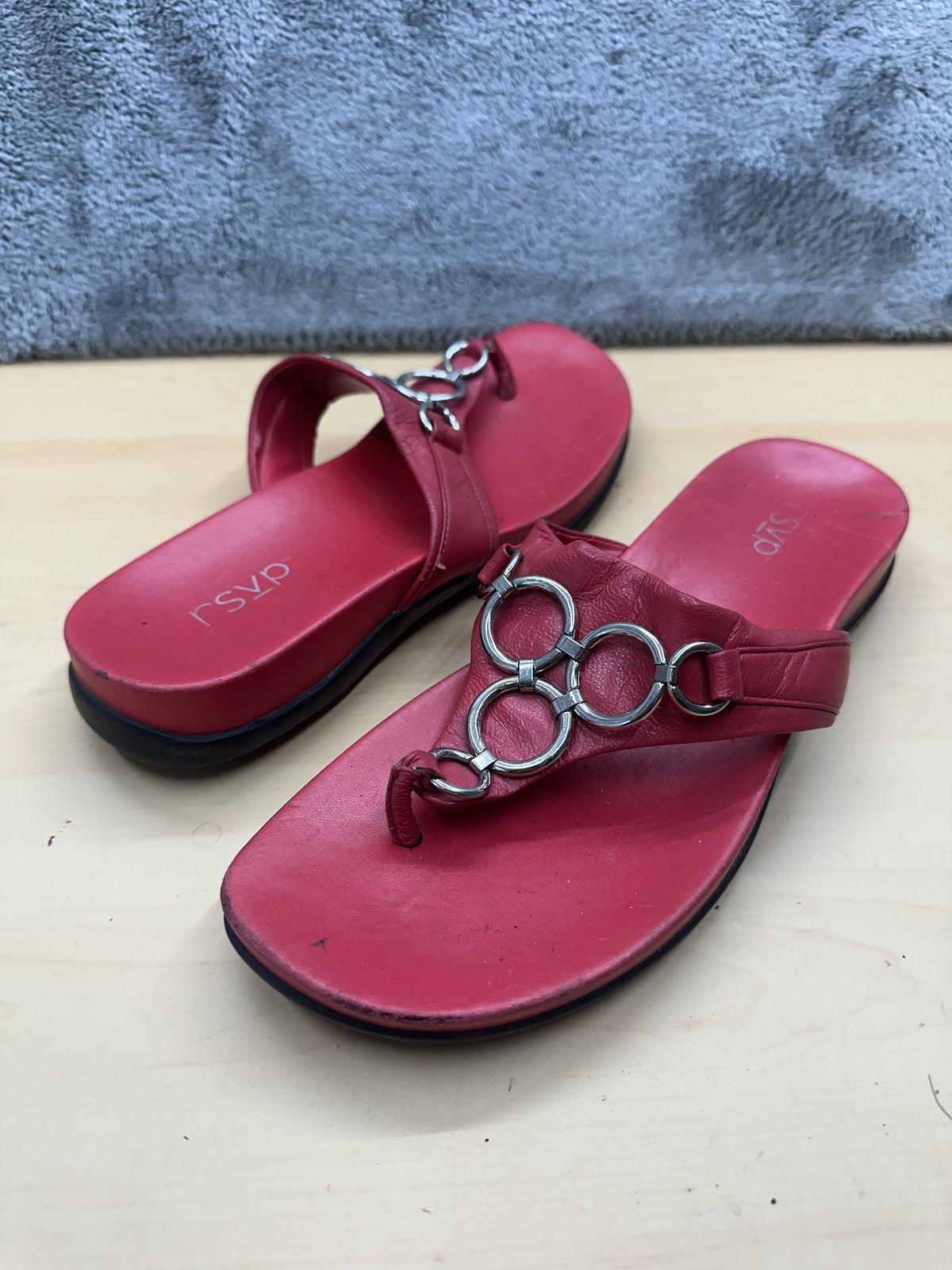 RSVP Red Thong Sandals with Silver Ring Details