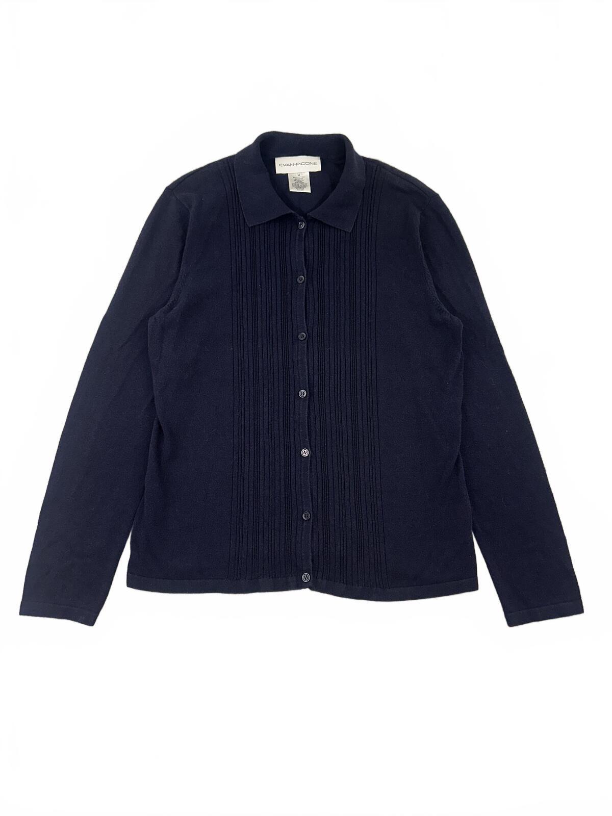 Evan Picone Navy Button Front Cardigan Sweater with Pintuck Detail and Collared