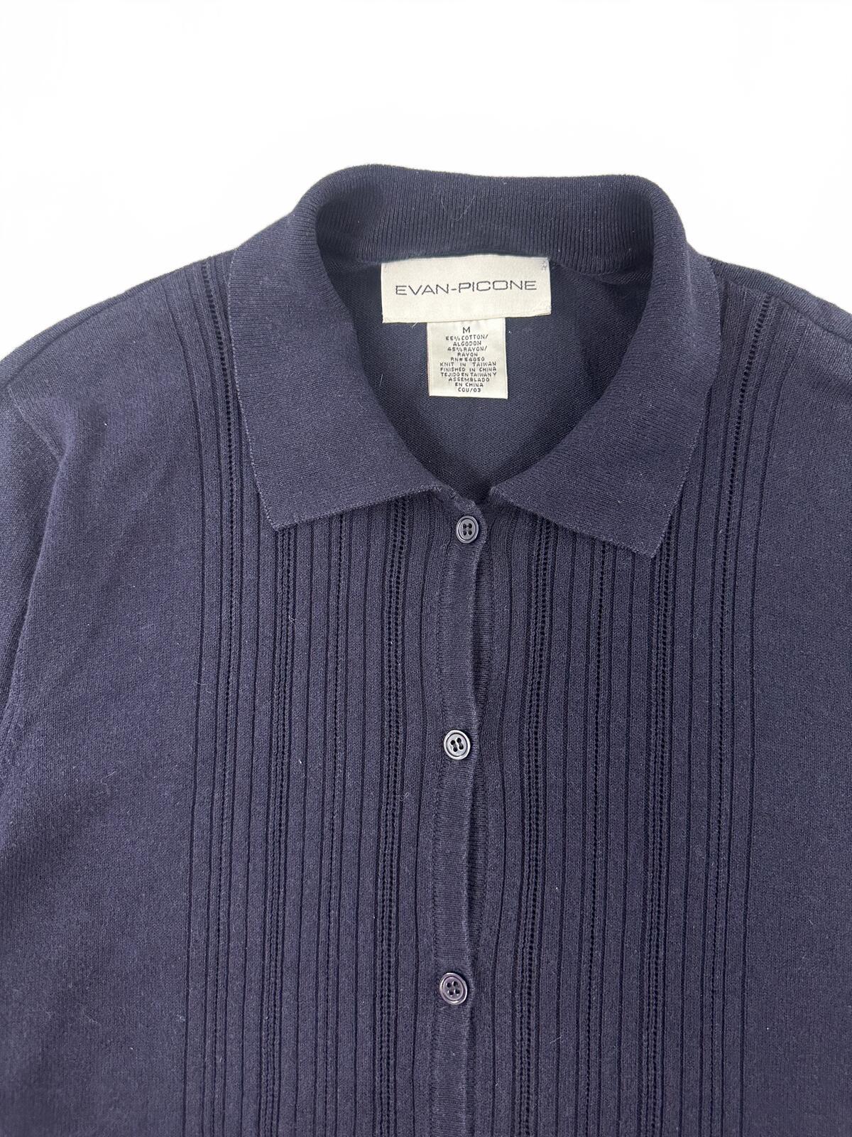 Evan Picone Navy Button Front Cardigan Sweater with Pintuck Detail and Collared