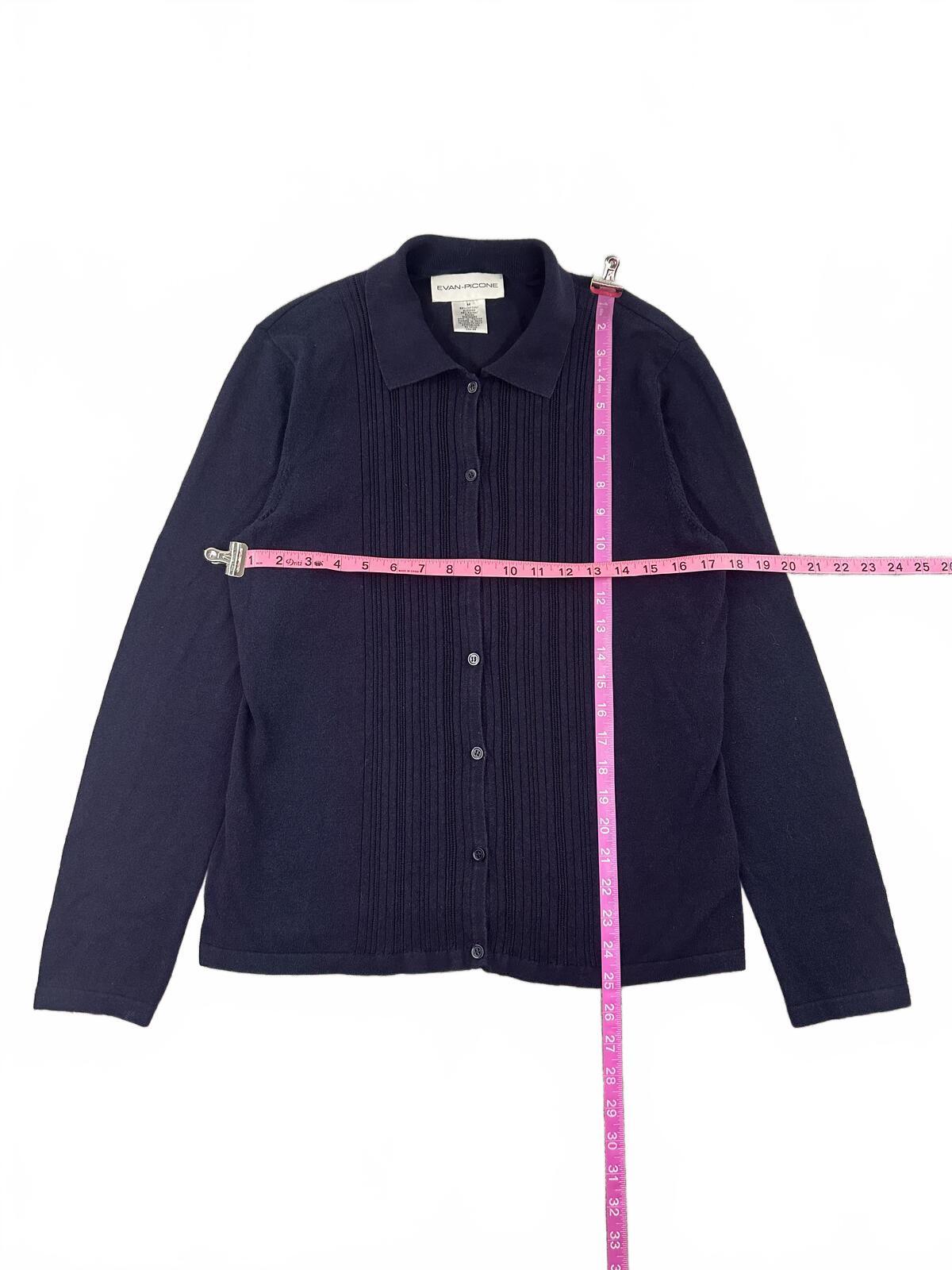 Evan Picone Navy Button Front Cardigan Sweater with Pintuck Detail and Collared