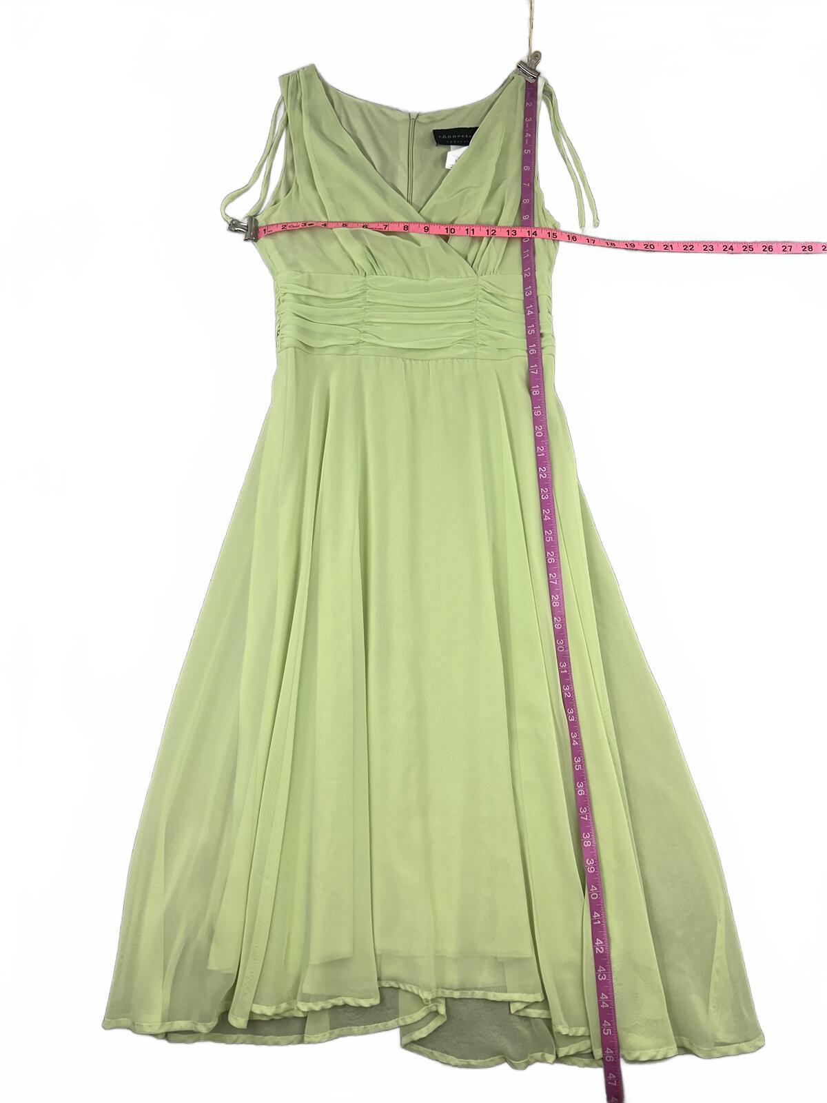 Connected Apparel Sage Green Chiffon Dress with Ruched Waist and Tie Shoulder