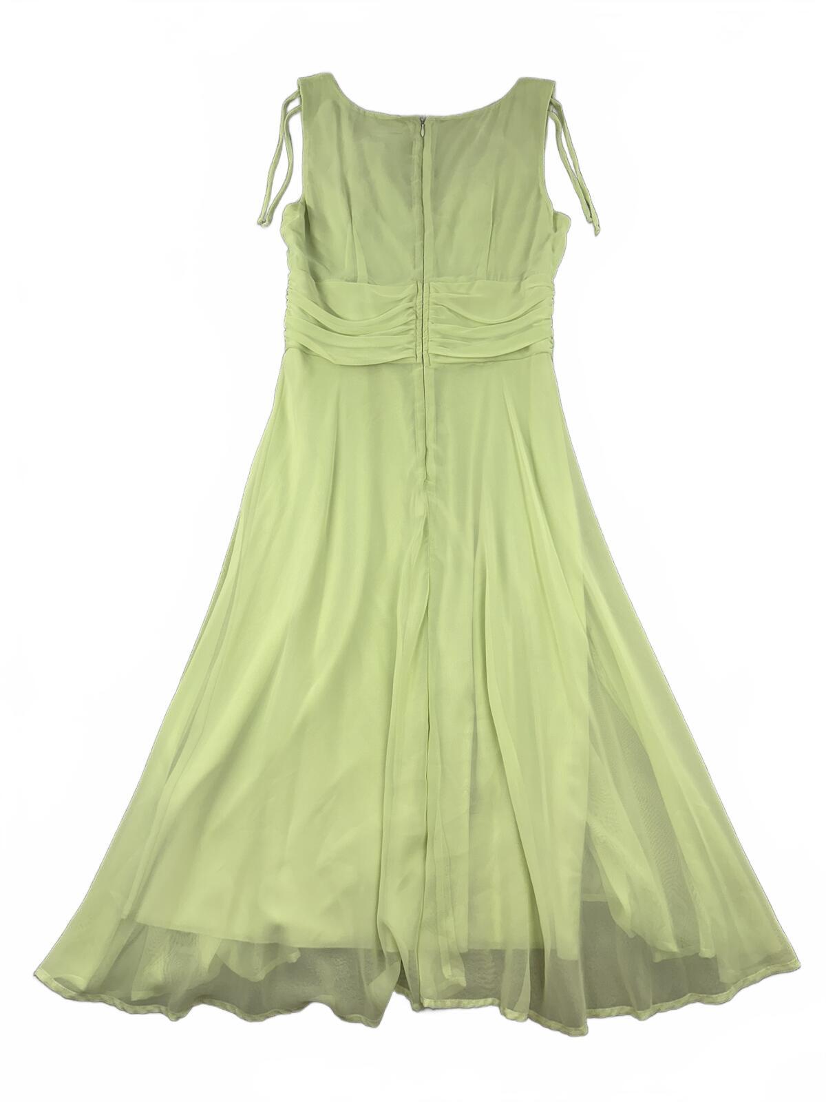 Connected Apparel Sage Green Chiffon Dress with Ruched Waist and Tie Shoulder