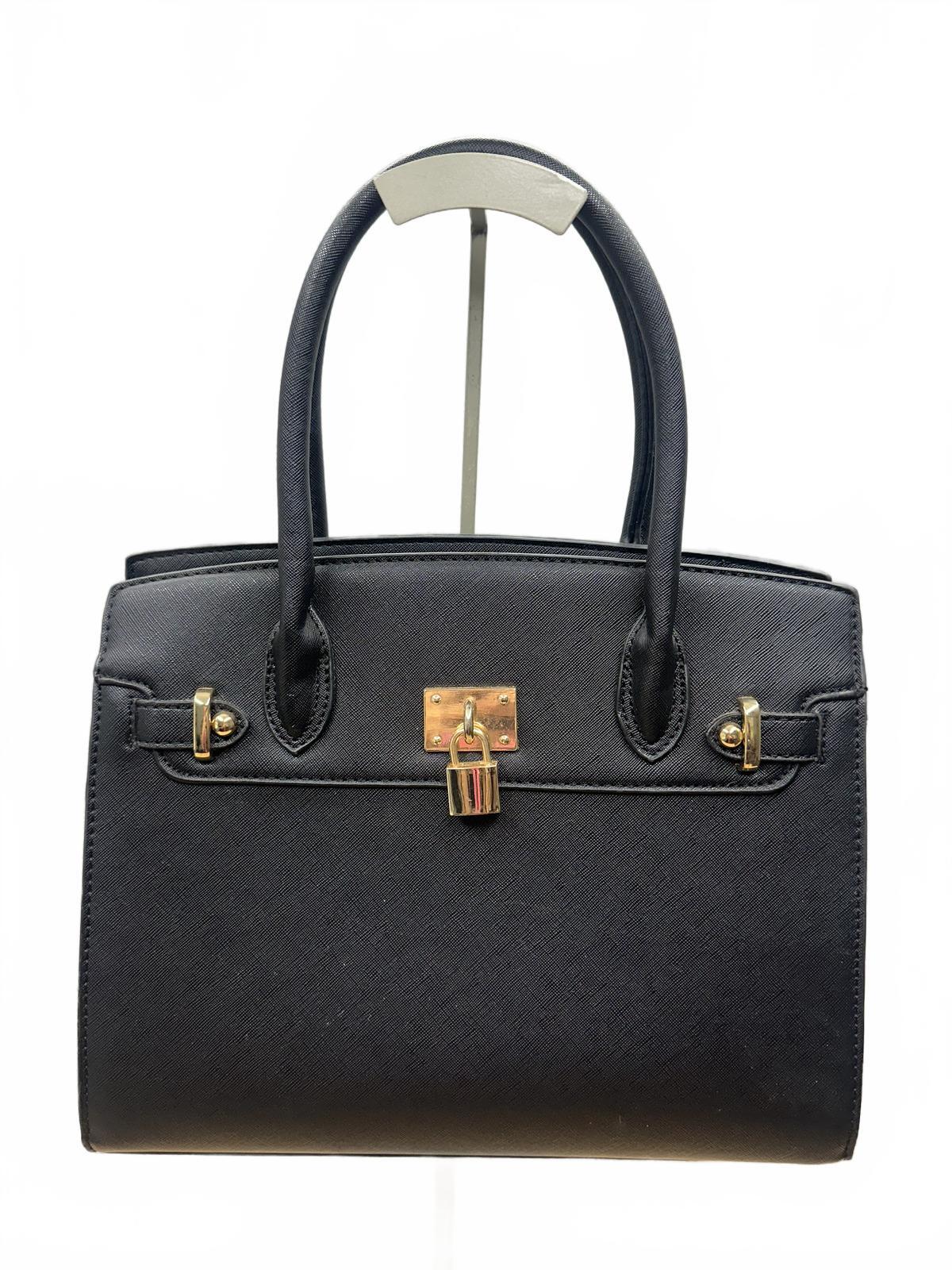 Classic Black Structured Satchel Bag with Gold Lock Detail