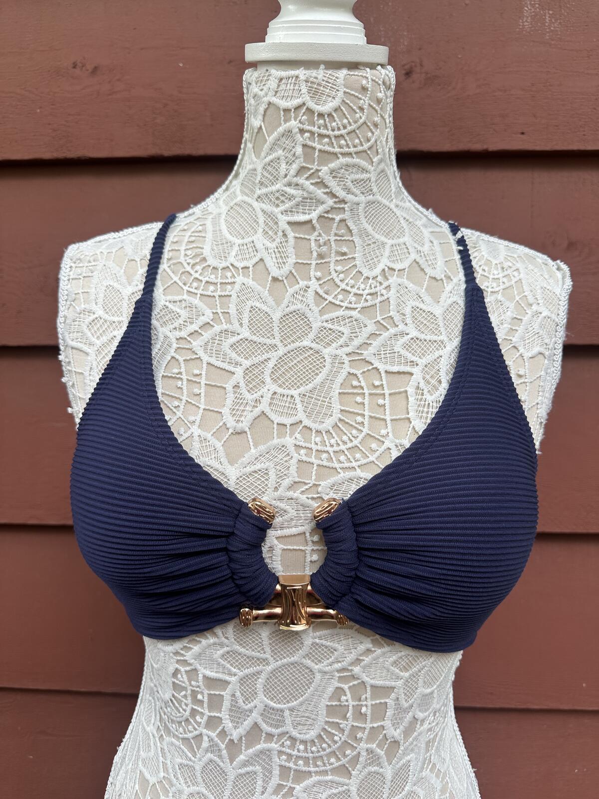 NWT ZAFUL Y2K Navy Ribbed Bikini Top with Gold Tone Ring Detail