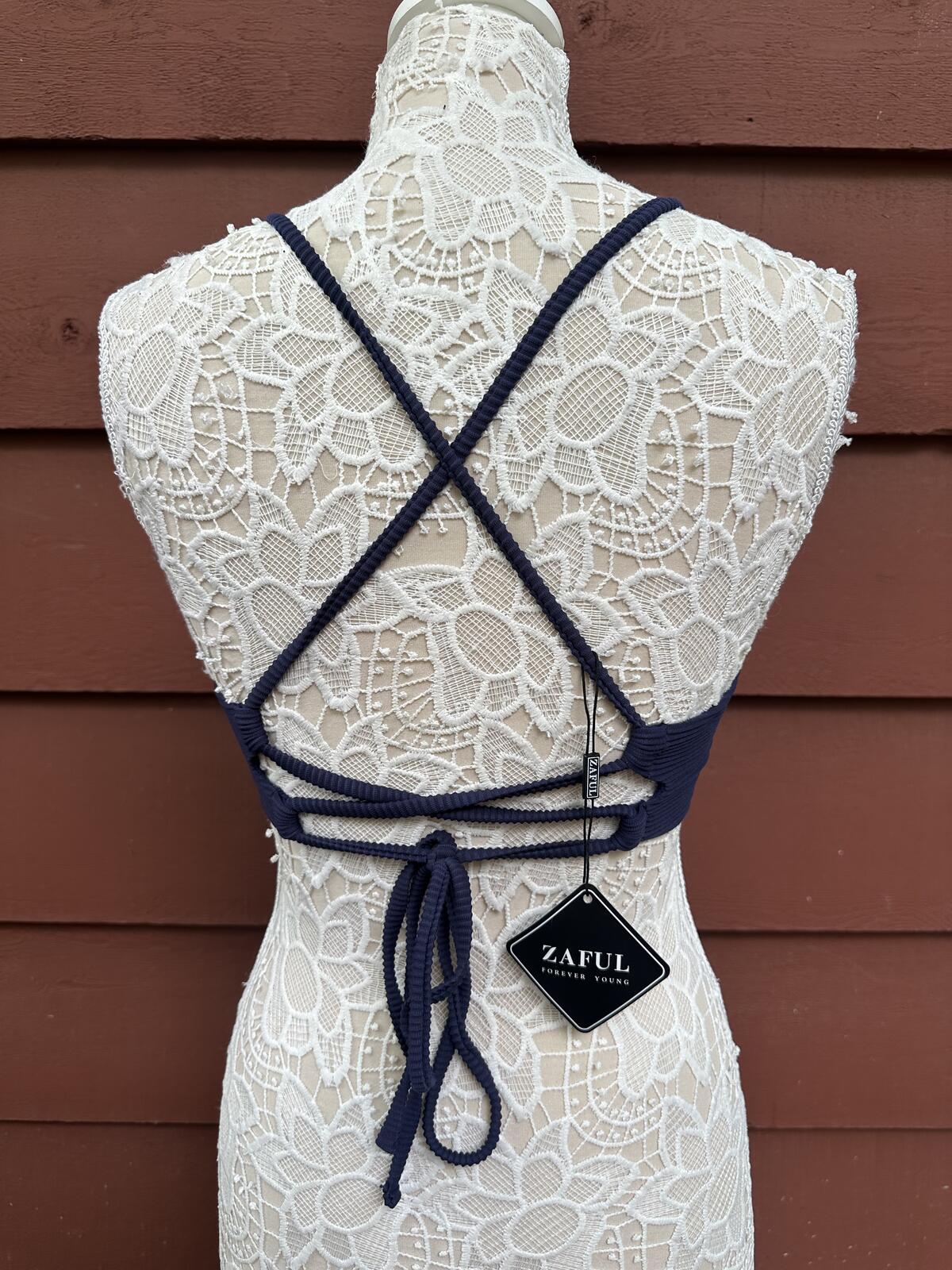NWT ZAFUL Y2K Navy Ribbed Bikini Top with Gold Tone Ring Detail