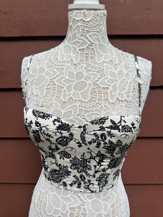 Y2K Fairycore Bustier Top Black Floral Lace Up Back Adjustable Straps