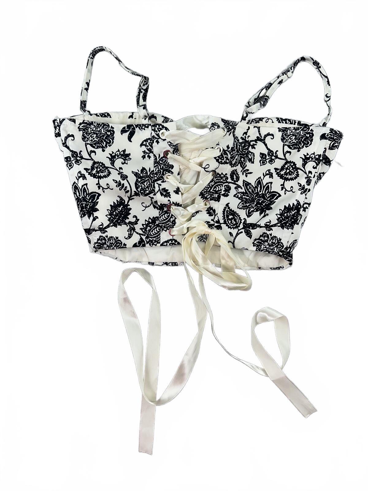 Y2K Fairycore Bustier Top Black Floral Lace Up Back Adjustable Straps