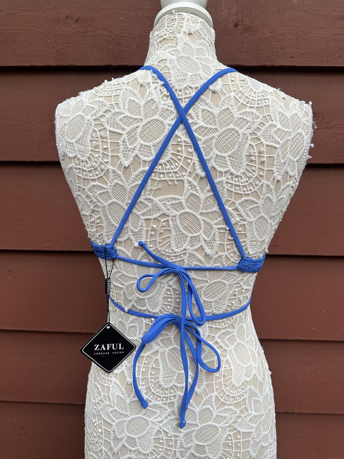 NWT Zaful Royal Blue Y2K Halter Bikini Top with Ruched Front and Gold Detail