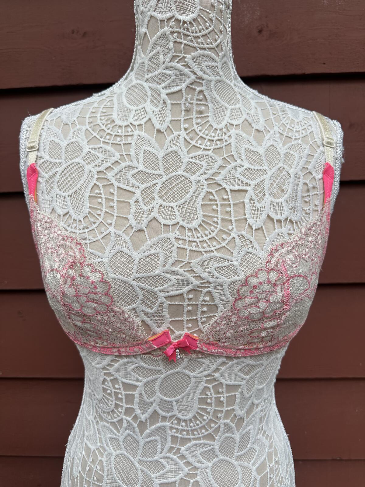 Y2K Fairycore Lace Bralette Cream Floral Pink Trim Adjustable Straps