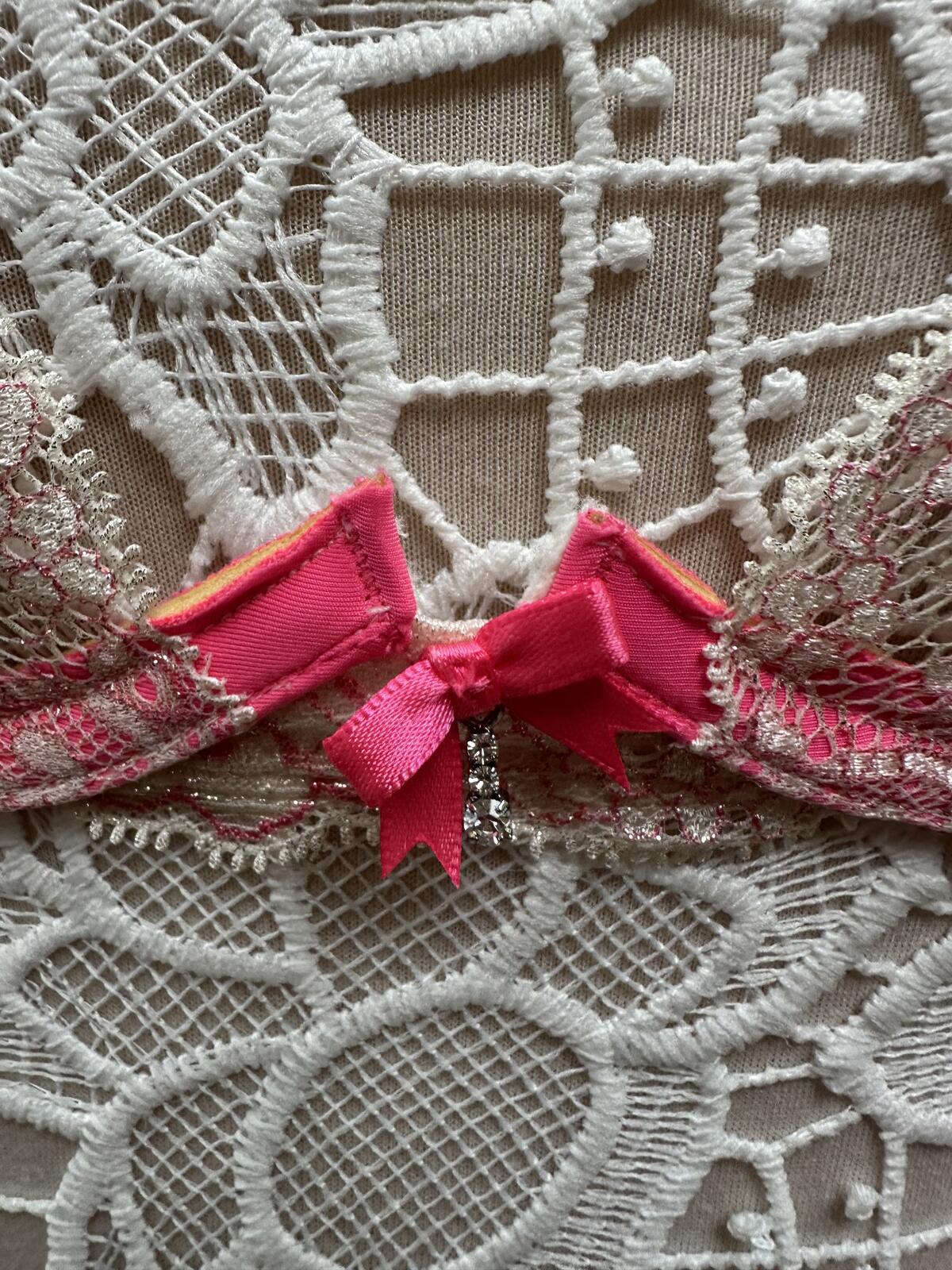 Y2K Fairycore Lace Bralette Cream Floral Pink Trim Adjustable Straps