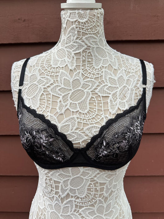 Y2K Black Lace Underwire Bra with Sheer Mesh Feminine Vintage Inspired Lingerie