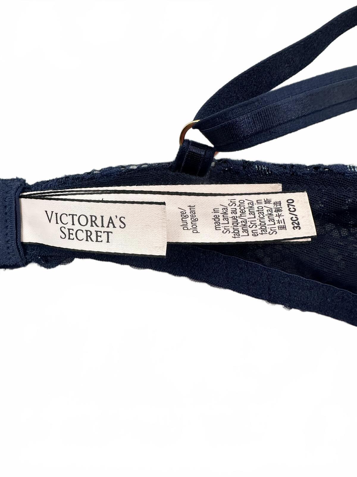 Victoria's Secret Navy Lace Plunge Bra 32C Y2K Feminine Sheer Floral Lingerie