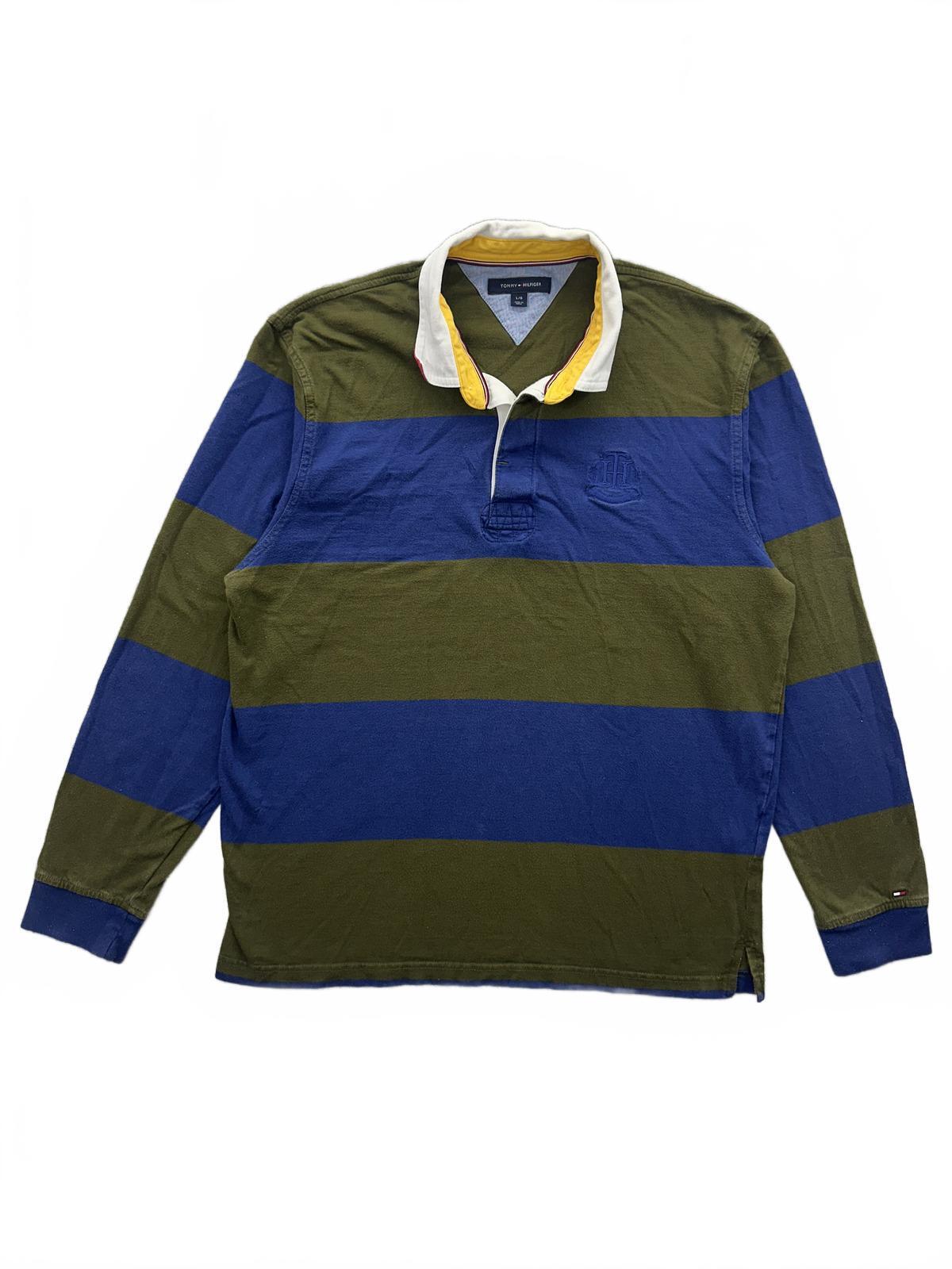 Tommy Hilfiger Classic Preppy Rugby Shirt in Blue and Olive Green Stripes