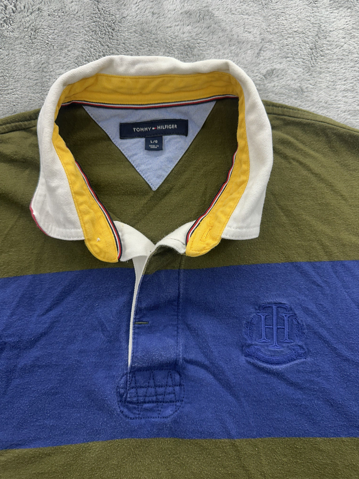 Tommy Hilfiger Classic Preppy Rugby Shirt in Blue and Olive Green Stripes