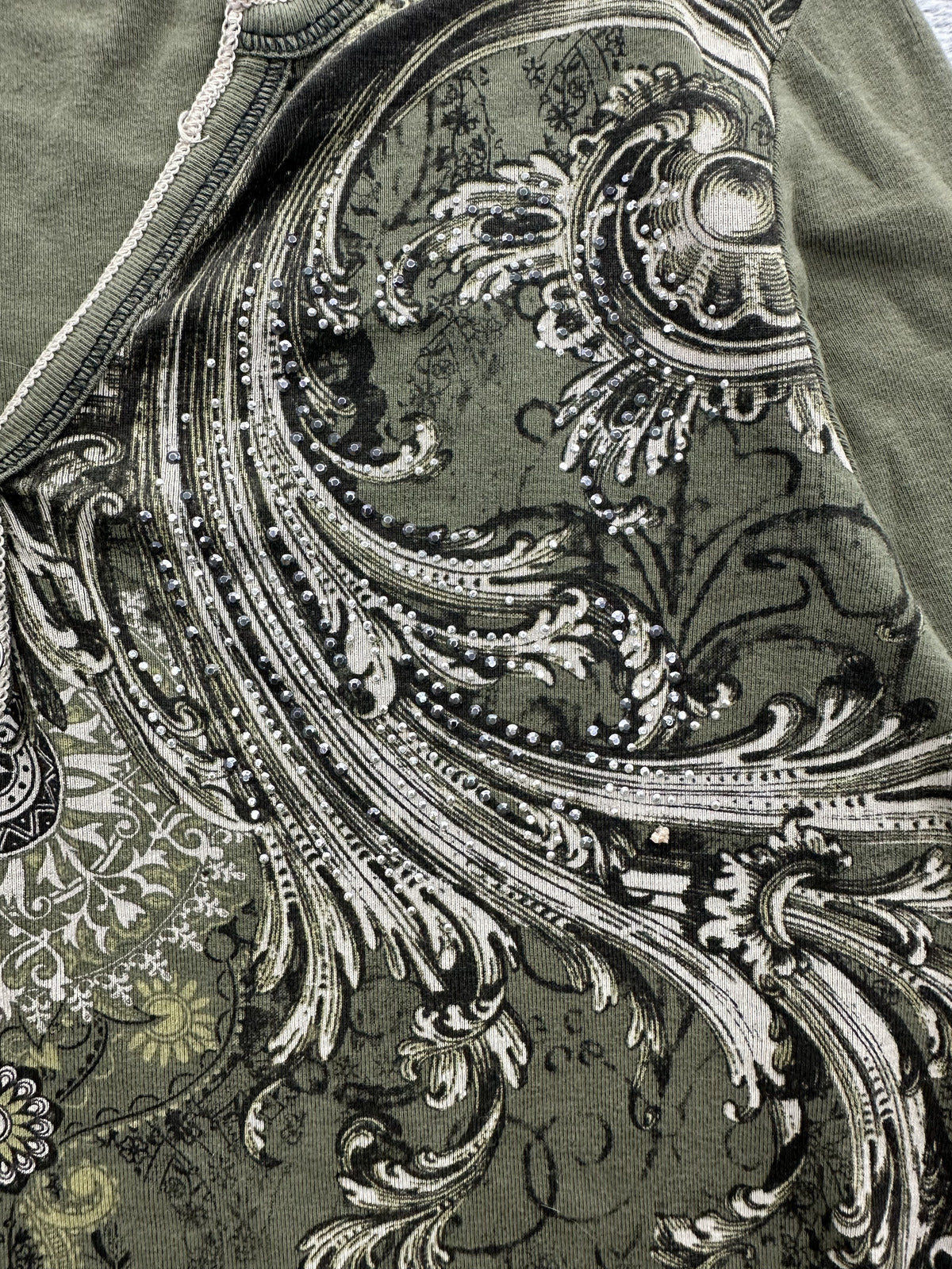 dressbarn Vintage Inspired Olive Green Ornate Print 3/4 Sleeve Top