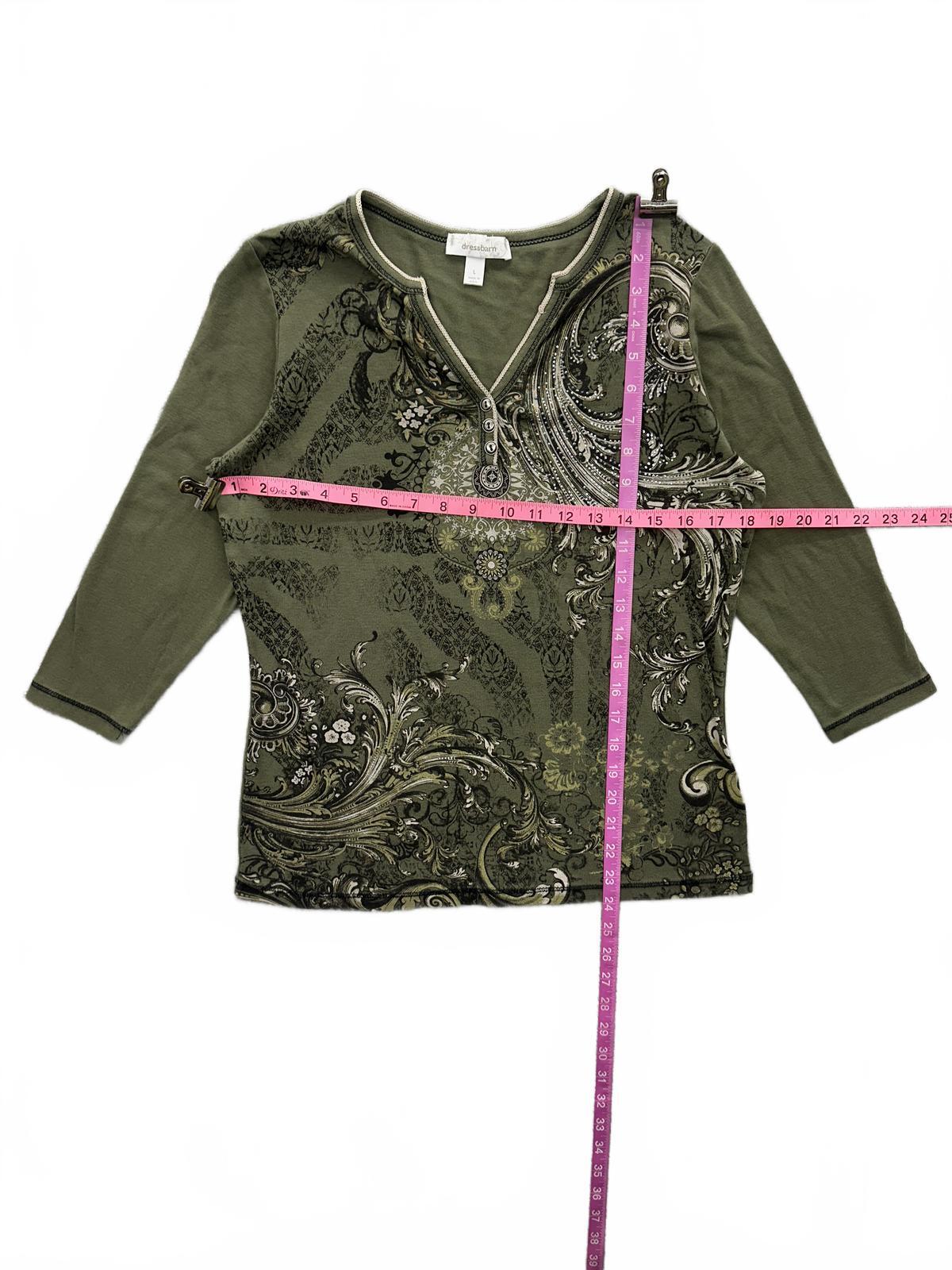 dressbarn Vintage Inspired Olive Green Ornate Print 3/4 Sleeve Top