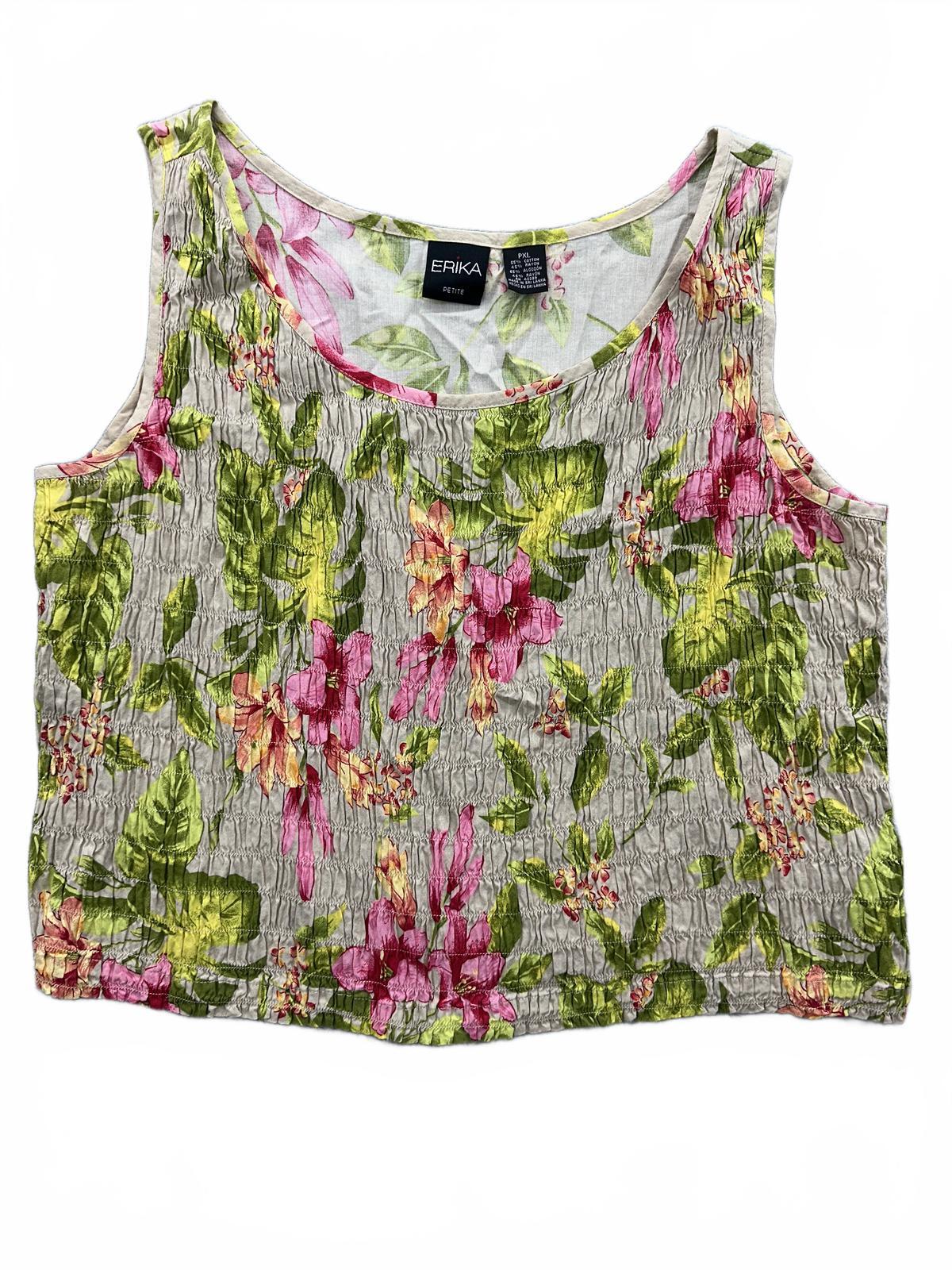 Erika Petite Floral Smocked Tank Top Cream Pink Lightweight Summer