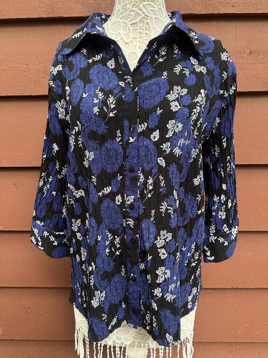 Apt. 9  Floral Print Button Up Blouse in Black Blue White Y2K Whimsigoth