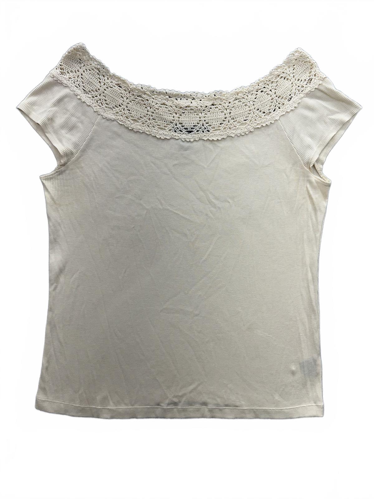 Lauren Ralph Lauren Cream Ribbed Crochet Neckline Bohemian Cottage Blouse