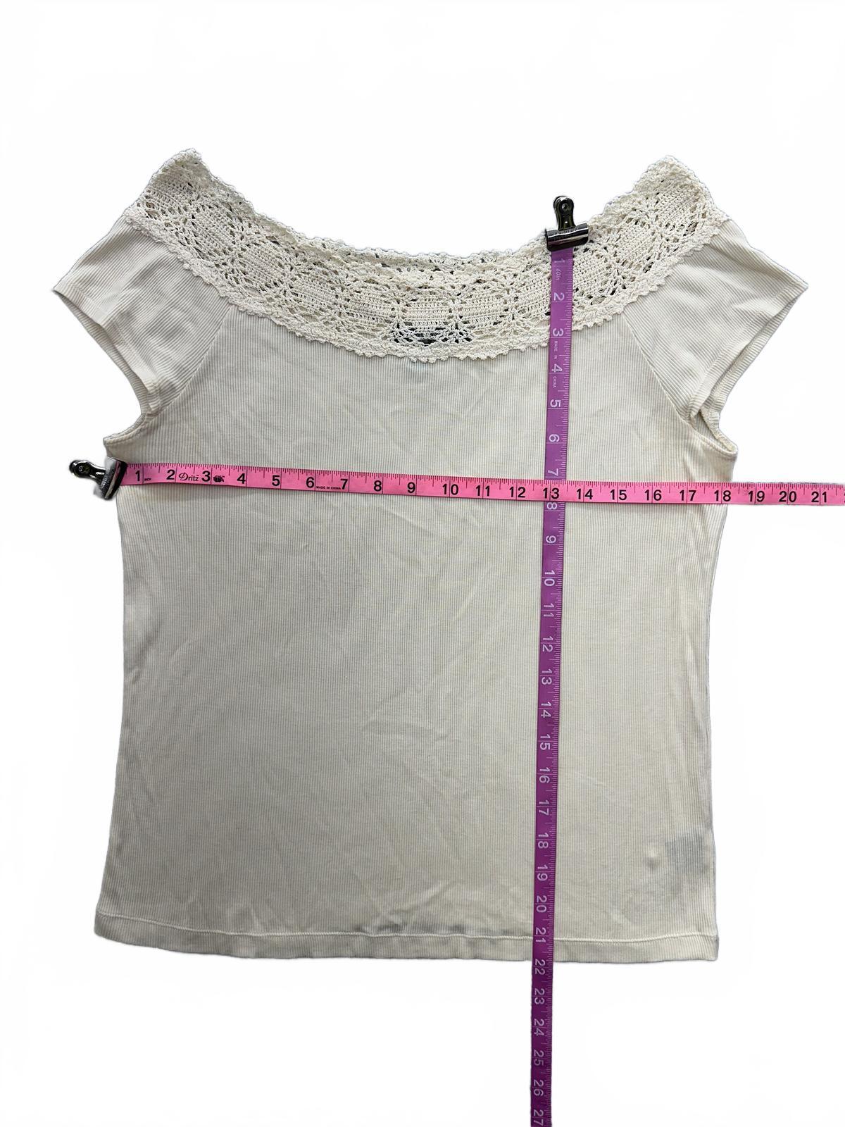 Lauren Ralph Lauren Cream Ribbed Crochet Neckline Bohemian Cottage Blouse