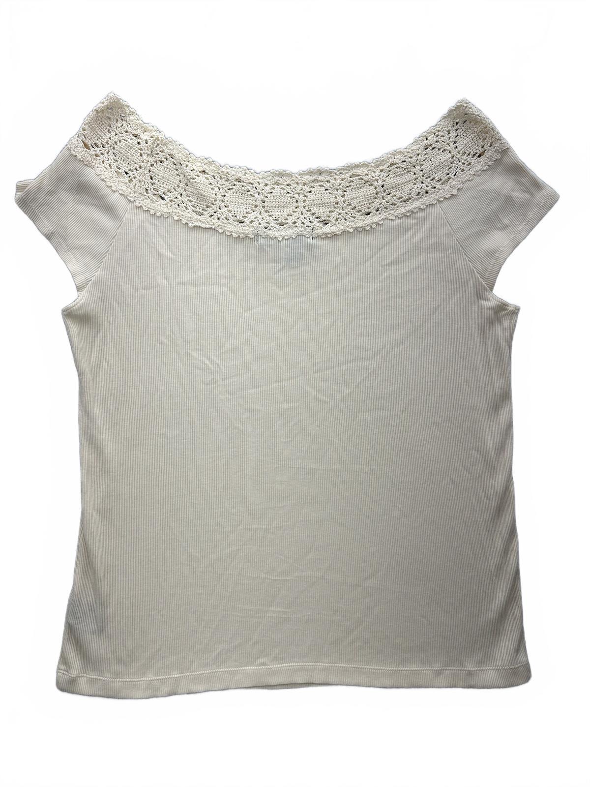 Lauren Ralph Lauren Cream Ribbed Crochet Neckline Bohemian Cottage Blouse