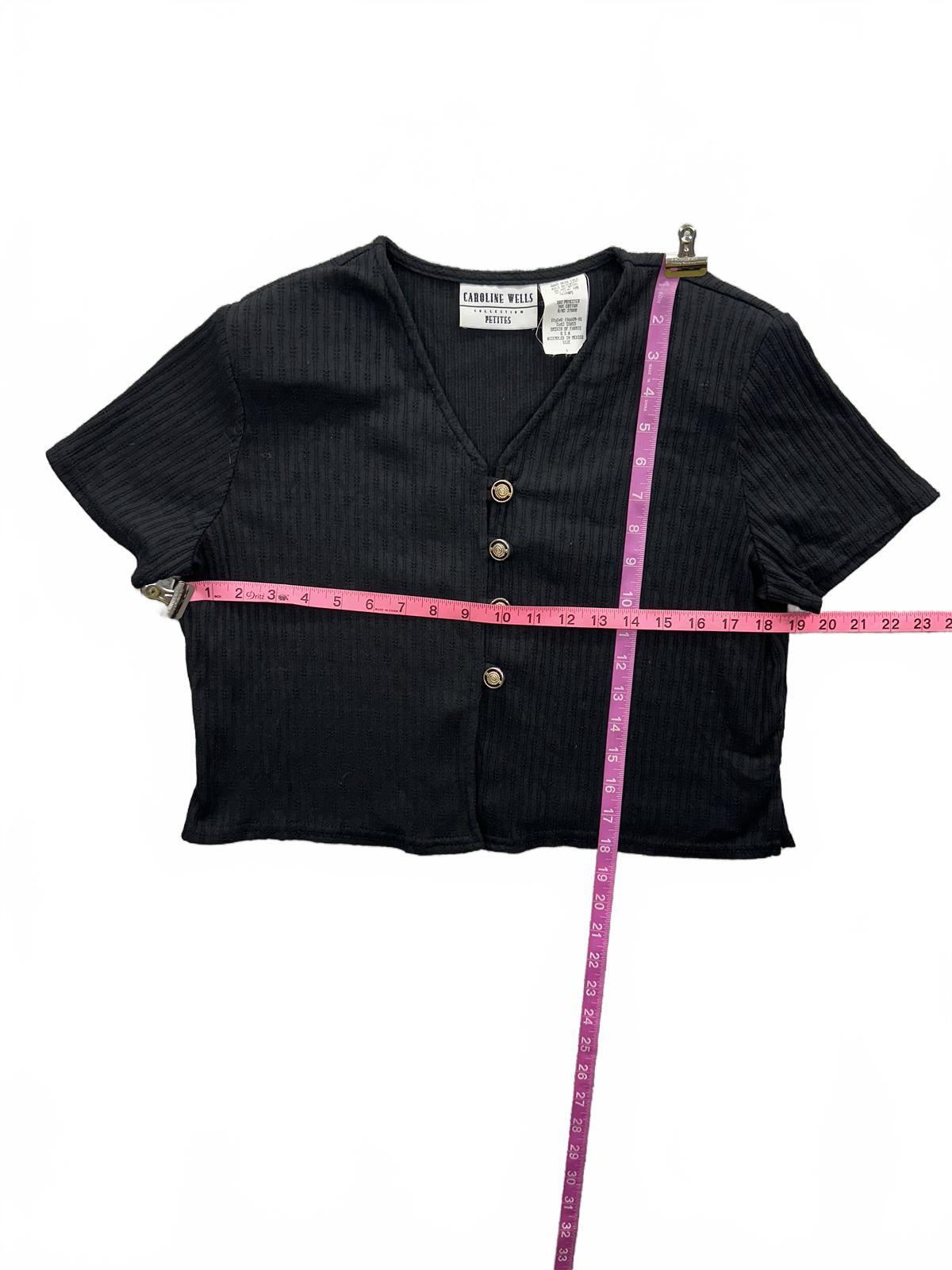 Caroline Wells Collection Petites Black Cropped Button Up Top with Gold Buttons