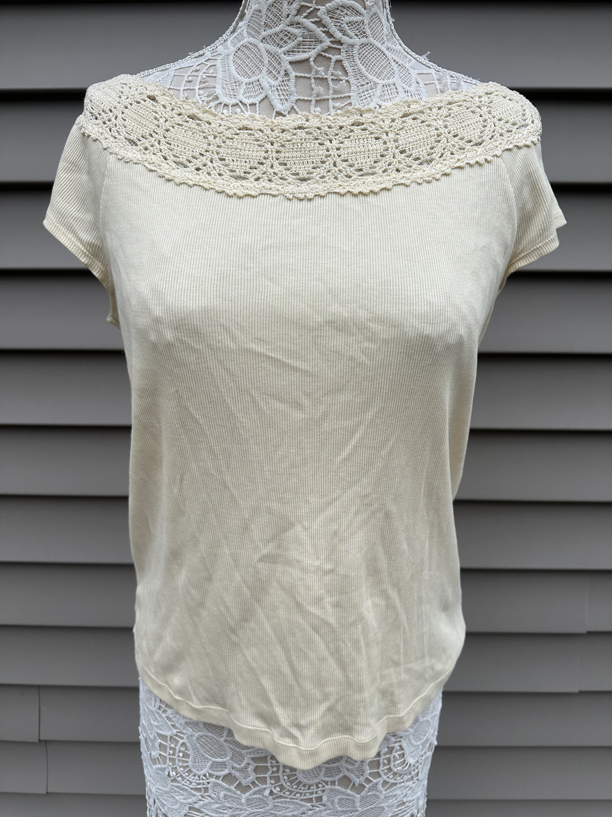 Lauren Ralph Lauren Cream Ribbed Crochet Neckline Bohemian Cottage Blouse