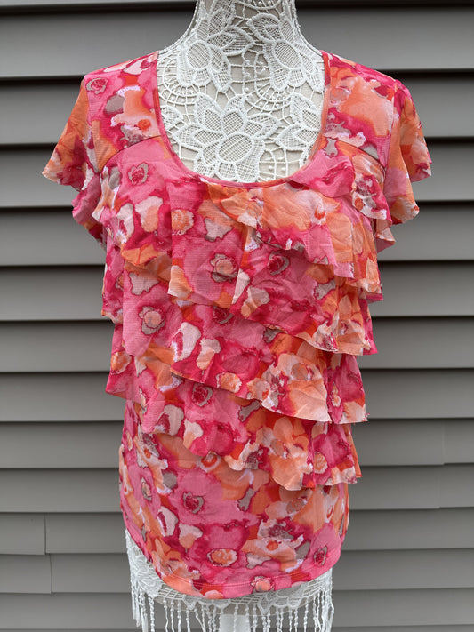 APT. 9 Floral Ruffle Top Pink Orange Spring Summer Feminine Casual Blouse