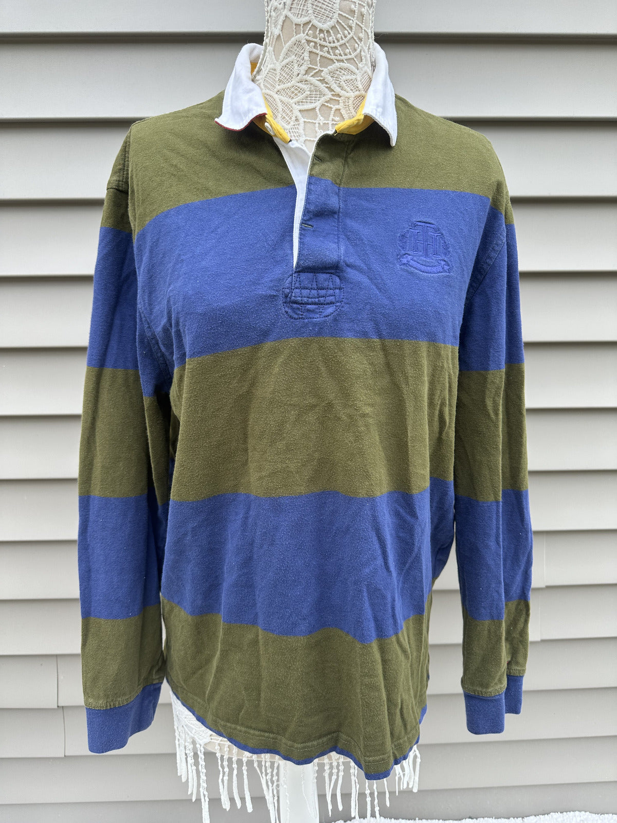 Tommy Hilfiger Classic Preppy Rugby Shirt in Blue and Olive Green Stripes