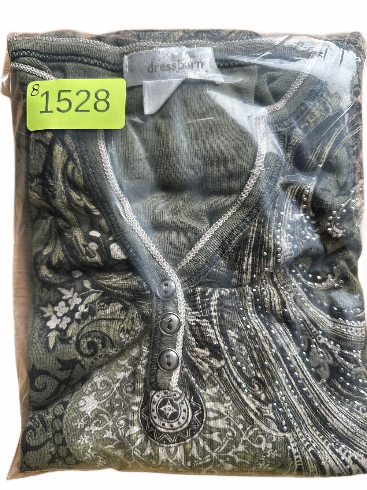 dressbarn Vintage Inspired Olive Green Ornate Print 3/4 Sleeve Top