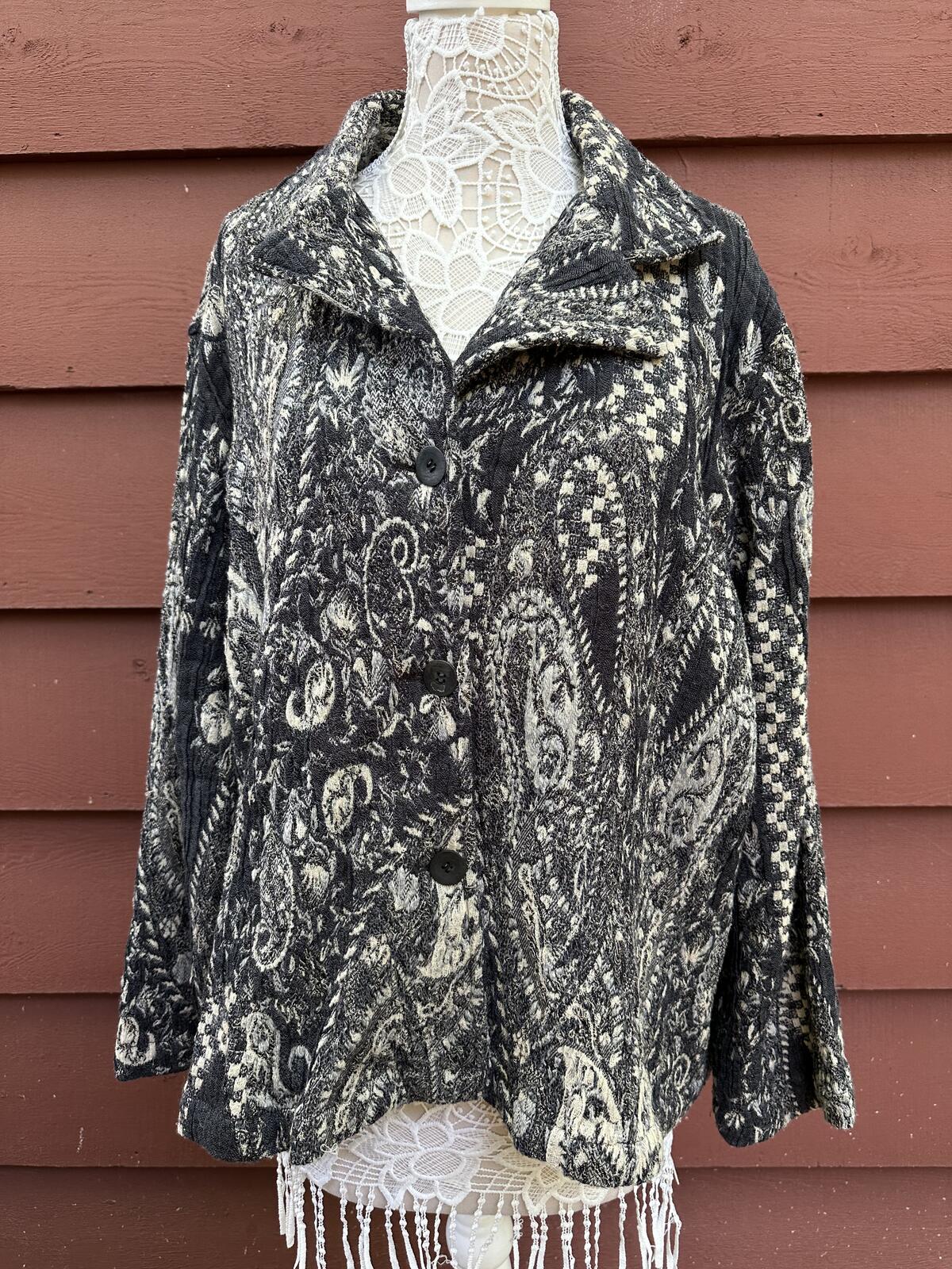 Laura Ashley Vintage Inspired Black and Cream Paisley Wool Blend Jacket