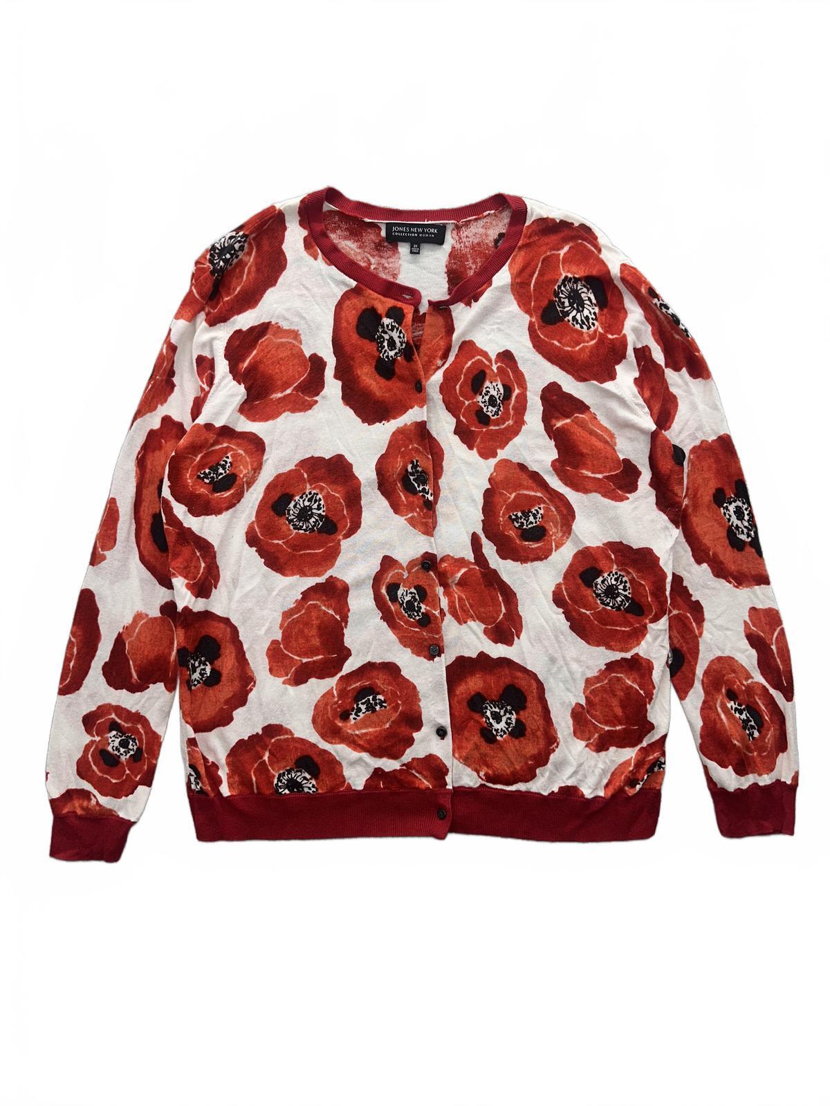 Jones New York Red Floral Cardigan Sweater Vintage Style Spring Layering Piece