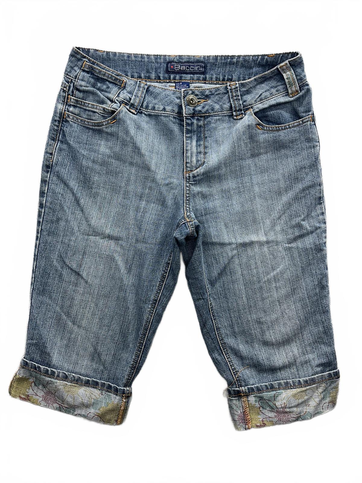 Baccini Light Wash Denim Bermuda Shorts with Floral Cuff Detail
