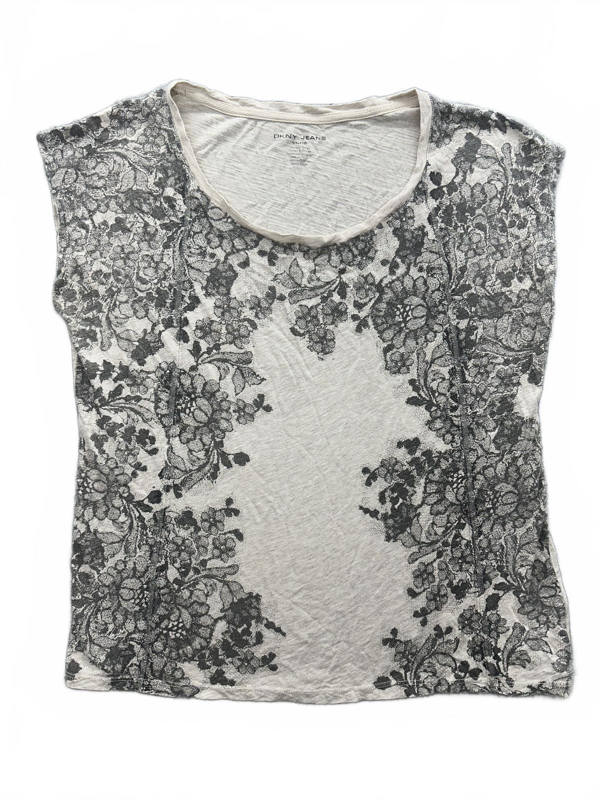 DKNY JEANS White Floral Print Cotton T Shirt Vintage Casual