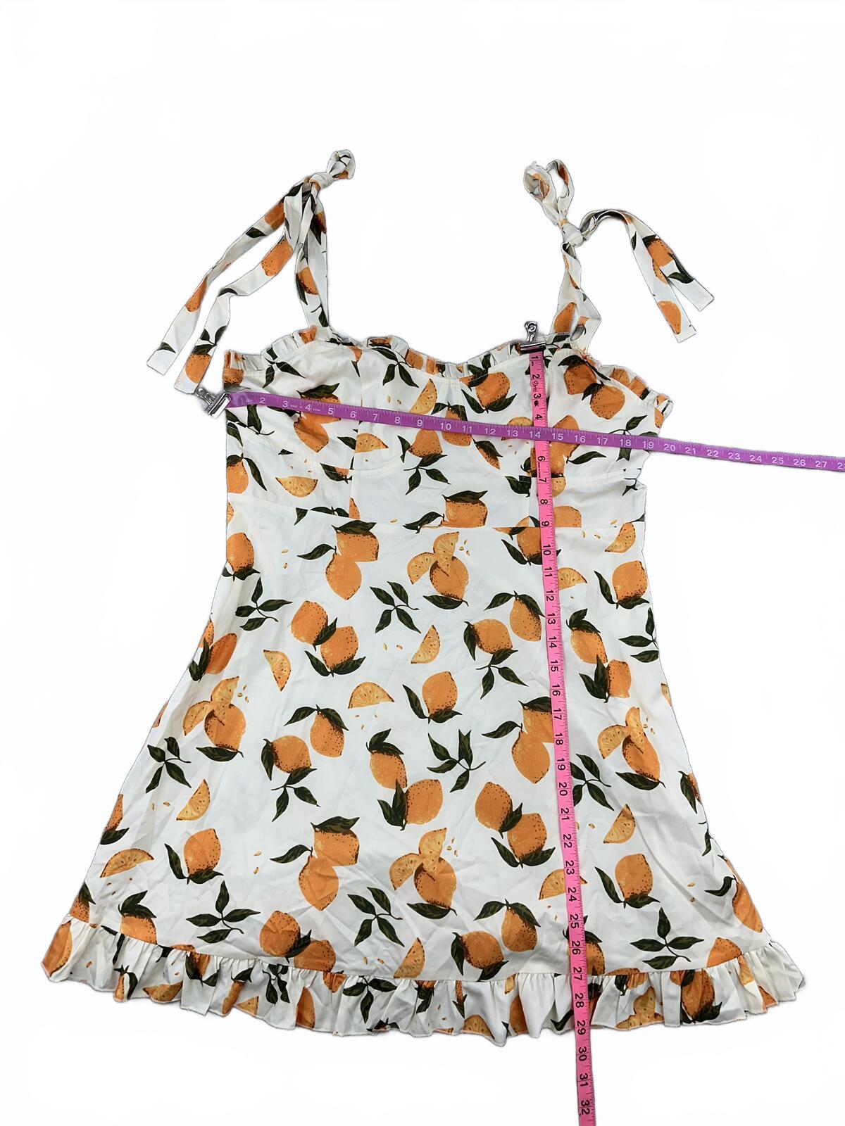 CIDER White Orange Fruit Print Mini Dress with Tie Shoulder Straps Ruffled