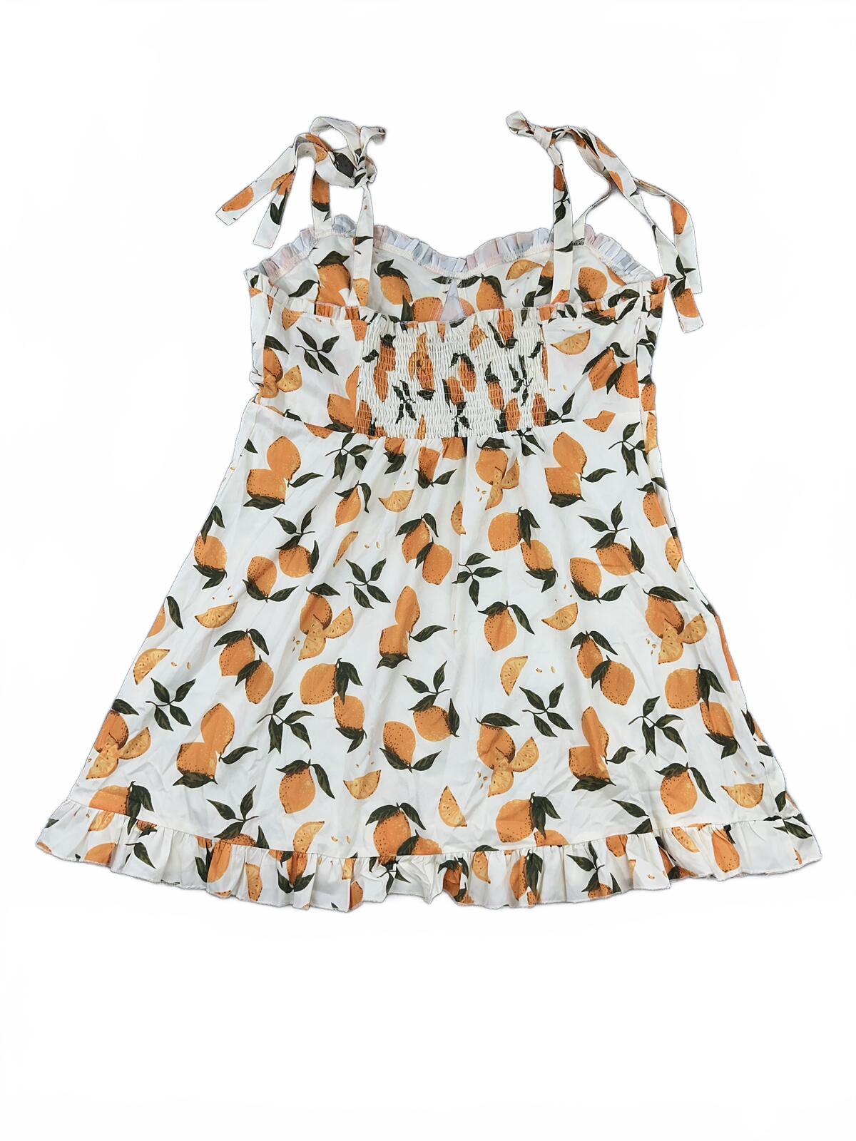 CIDER White Orange Fruit Print Mini Dress with Tie Shoulder Straps Ruffled