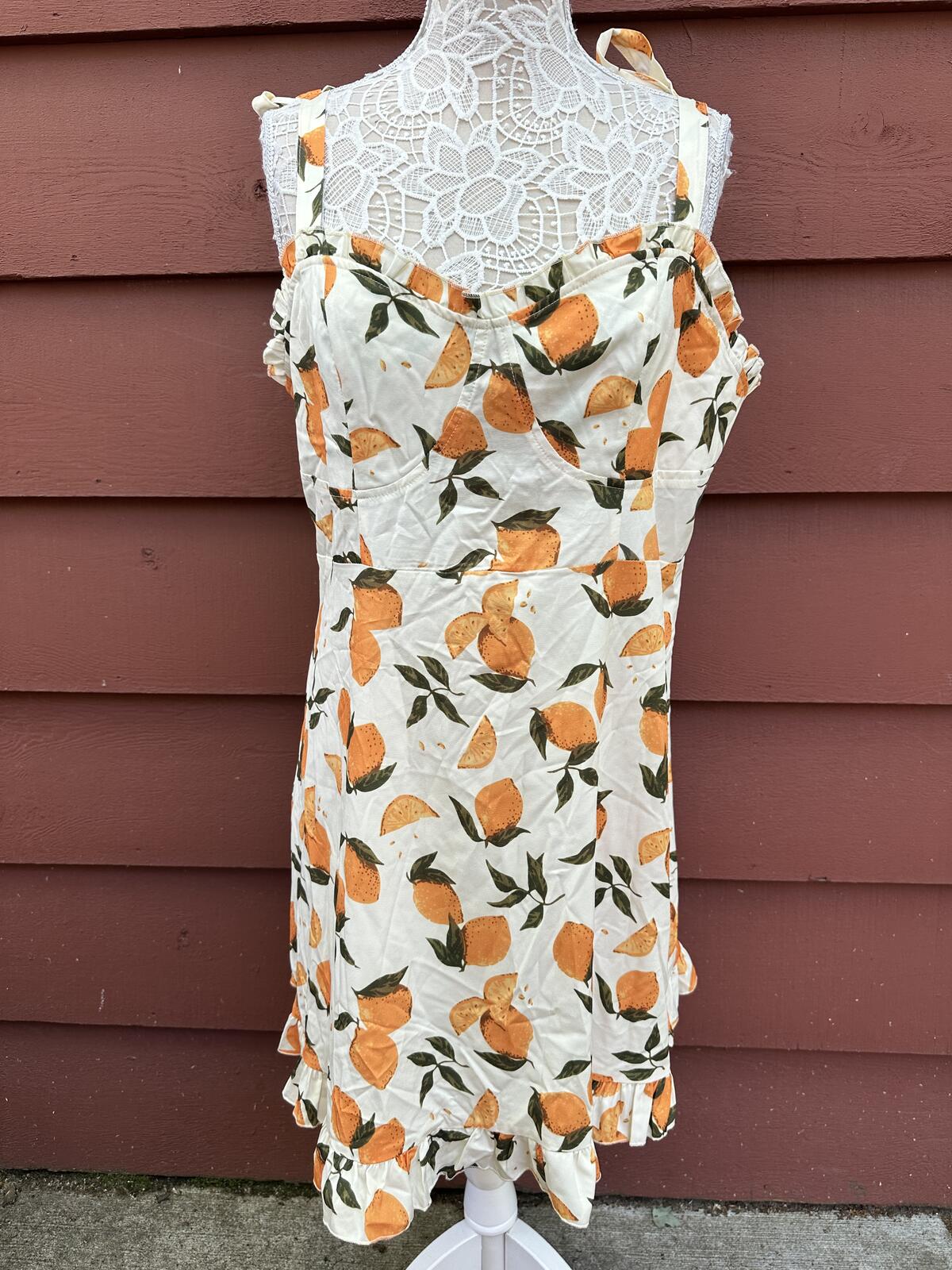 CIDER White Orange Fruit Print Mini Dress with Tie Shoulder Straps Ruffled
