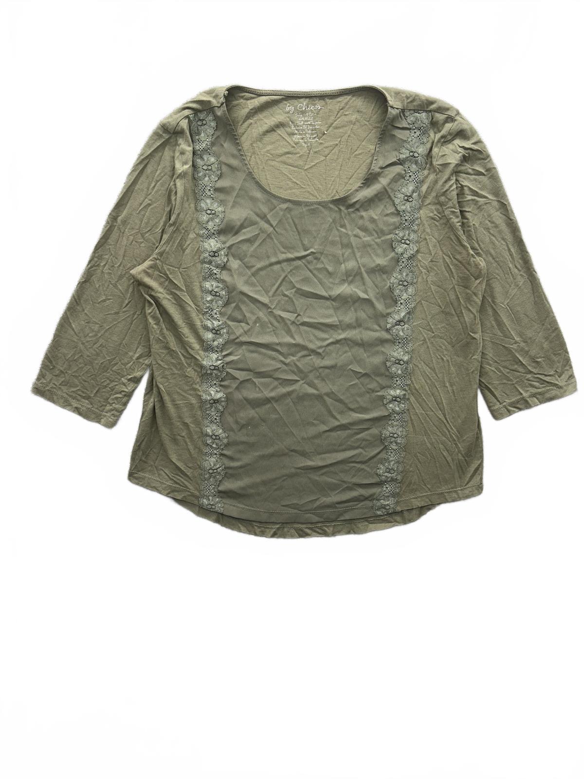 Chico's Olive Green Lace Trim Blouse Boho Chic Casual Top