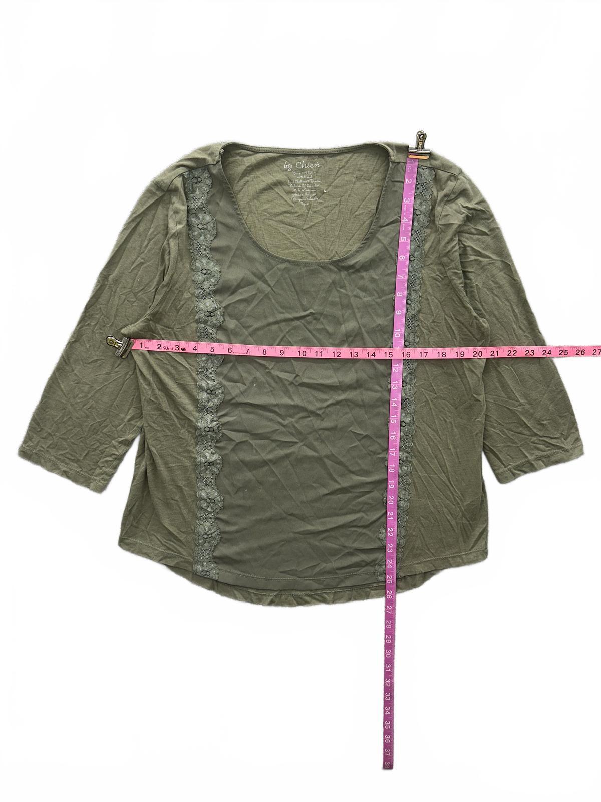 Chico's Olive Green Lace Trim Blouse Boho Chic Casual Top