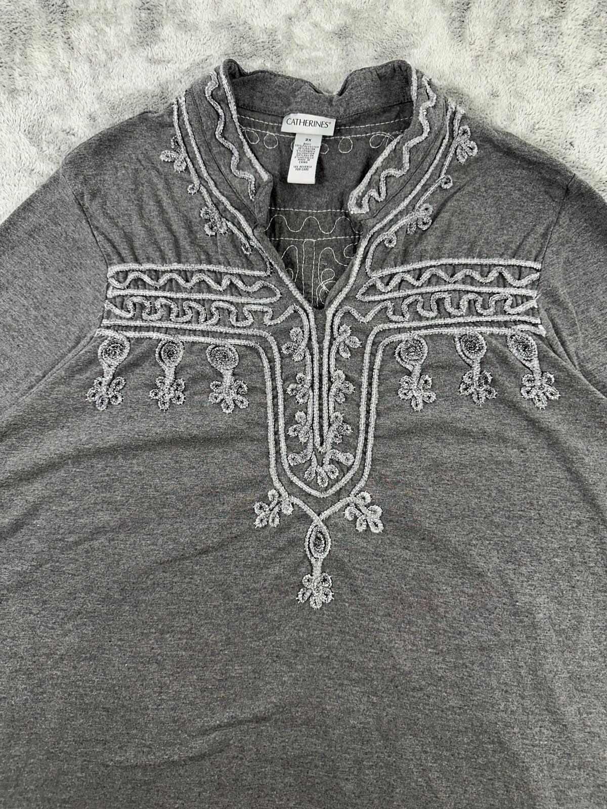 Catherines Gray Embroidered Boho Tunic Top Vintage Inspired Casual