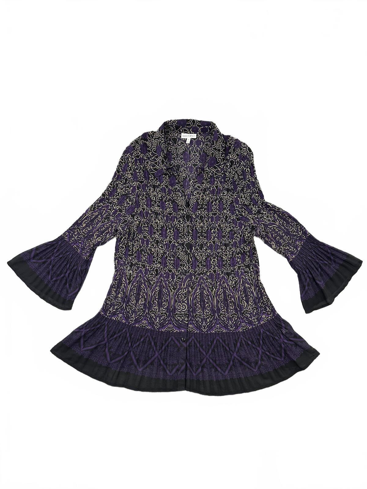 Fashion Bug Purple and Black Paisley Tunic Top Y2K Boho Bell Sleeve Whimsigoth