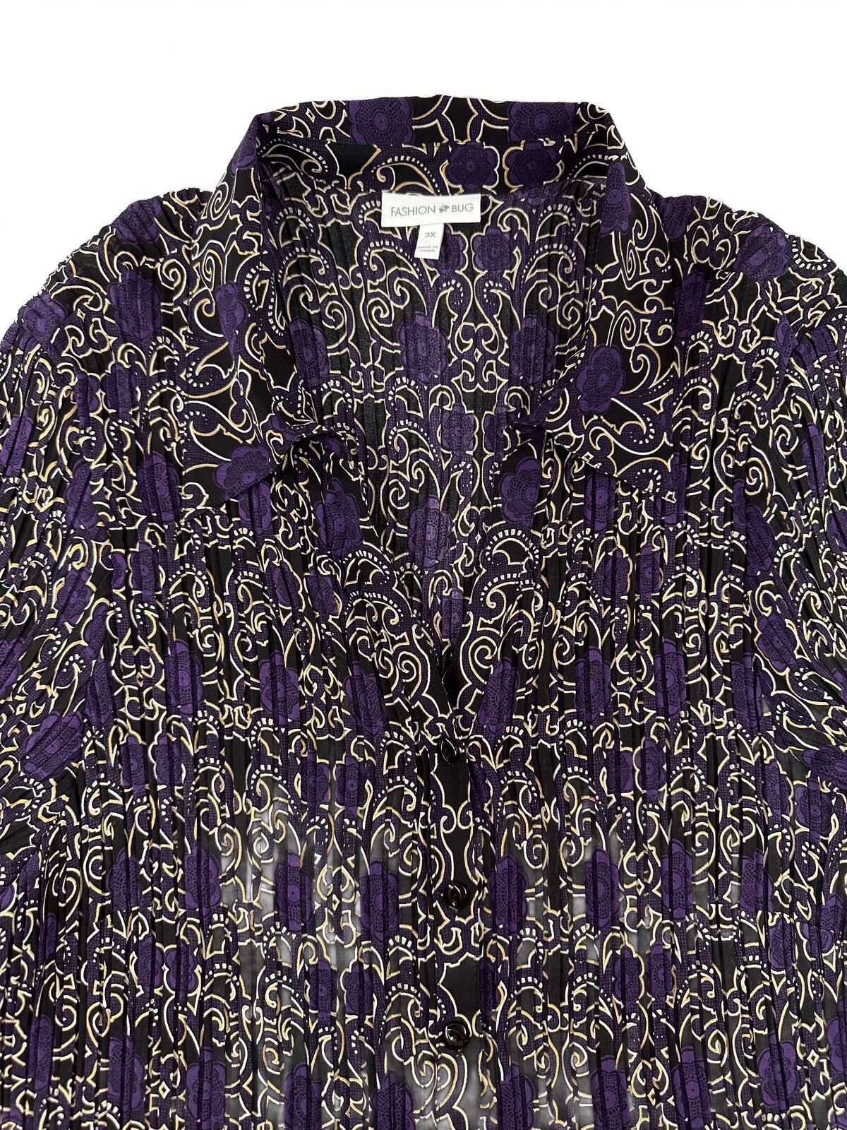 Fashion Bug Purple and Black Paisley Tunic Top Y2K Boho Bell Sleeve Whimsigoth