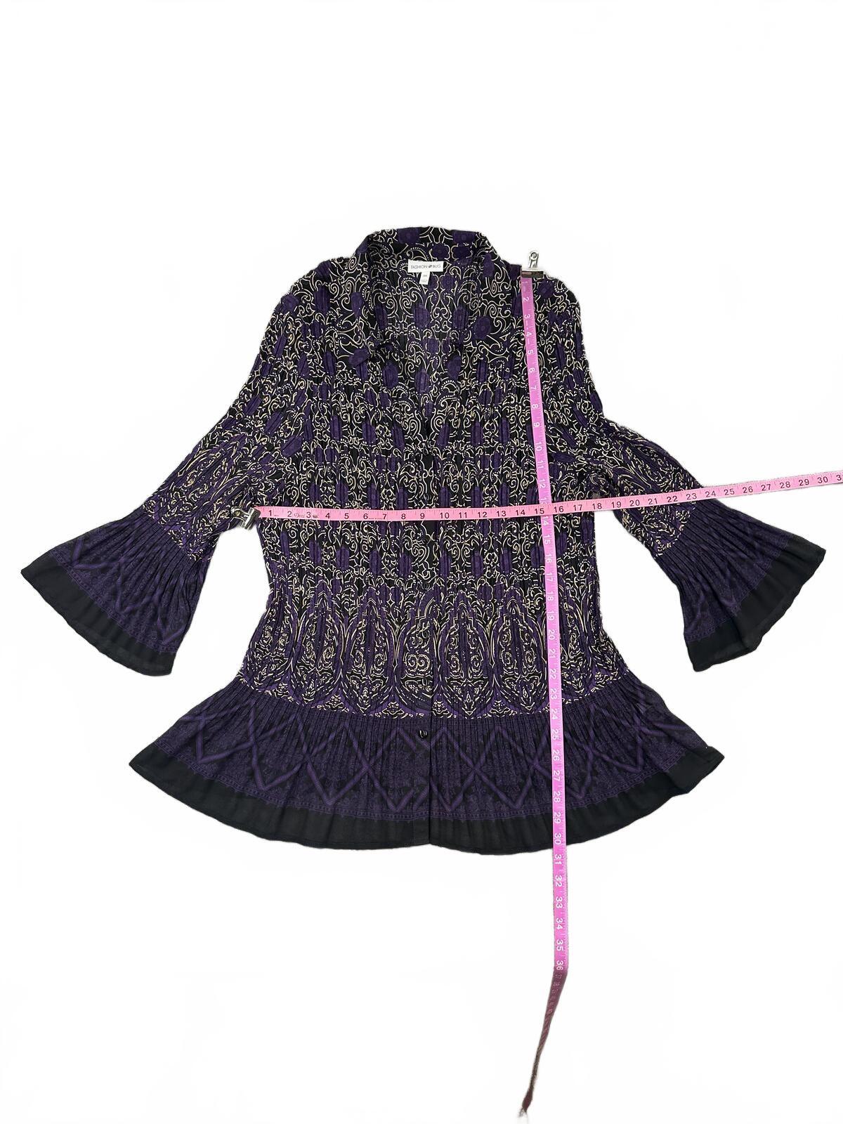Fashion Bug Purple and Black Paisley Tunic Top Y2K Boho Bell Sleeve Whimsigoth