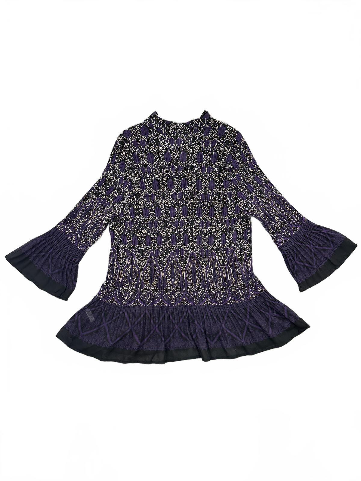 Fashion Bug Purple and Black Paisley Tunic Top Y2K Boho Bell Sleeve Whimsigoth